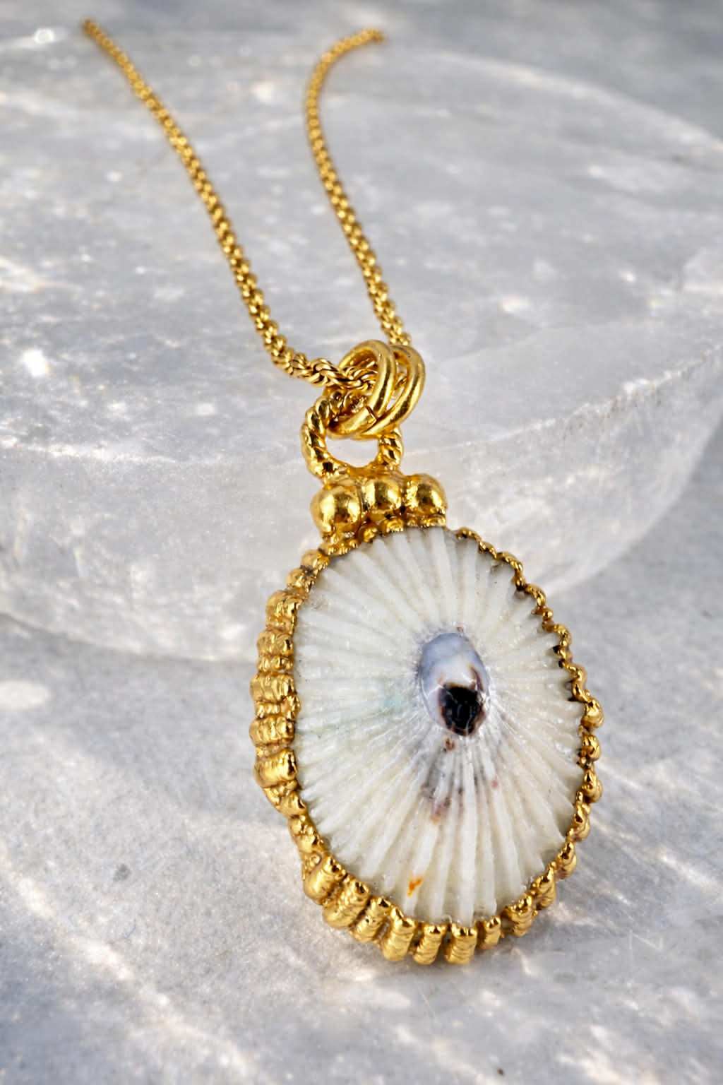 Gold-framed shell pendant necklace on a textured gray background